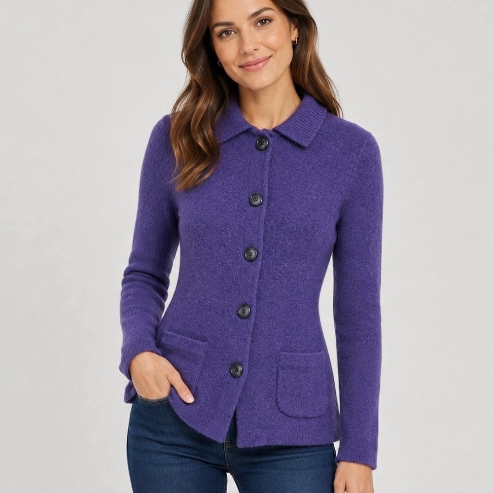 LL Bean Purple Wool Button Cardigan Sweater Pockets Medium Regular Lambswool